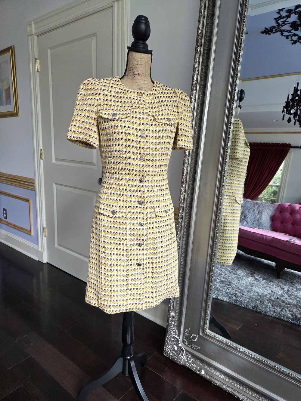 Maje Yellow Tweed Short-Sleeve Button-Front Midi Dress EU 40